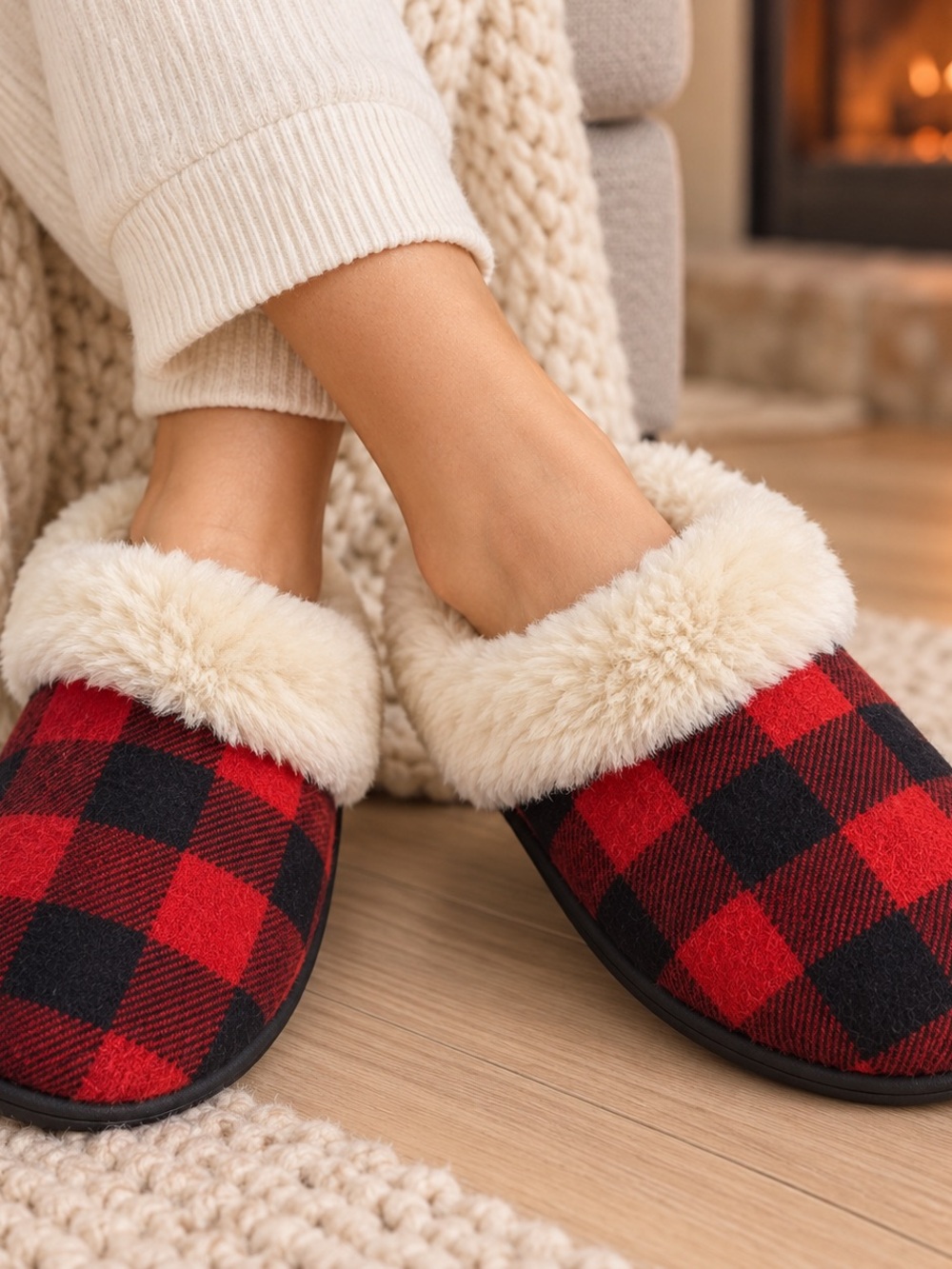 Isotoner Red Black Buffalo Plaid Faux Fur Slippers Size 6.5 7